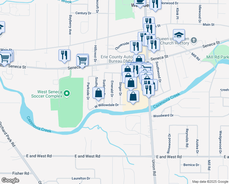 map of restaurants, bars, coffee shops, grocery stores, and more near 28 Singer Drive in Buffalo