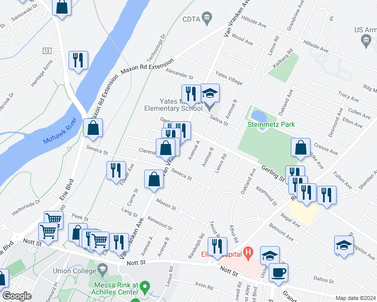 map of restaurants, bars, coffee shops, grocery stores, and more near 727 Raymond Street in Schenectady