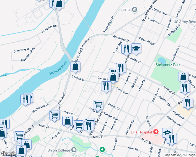 map of restaurants, bars, coffee shops, grocery stores, and more near 441 Seneca Street in Schenectady