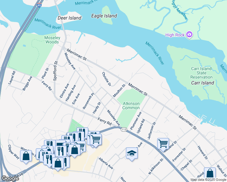 map of restaurants, bars, coffee shops, grocery stores, and more near 21 Moulton Street in Newburyport