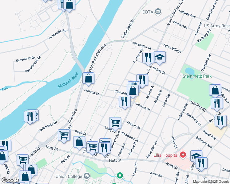 map of restaurants, bars, coffee shops, grocery stores, and more near 441 Seneca Street in Schenectady