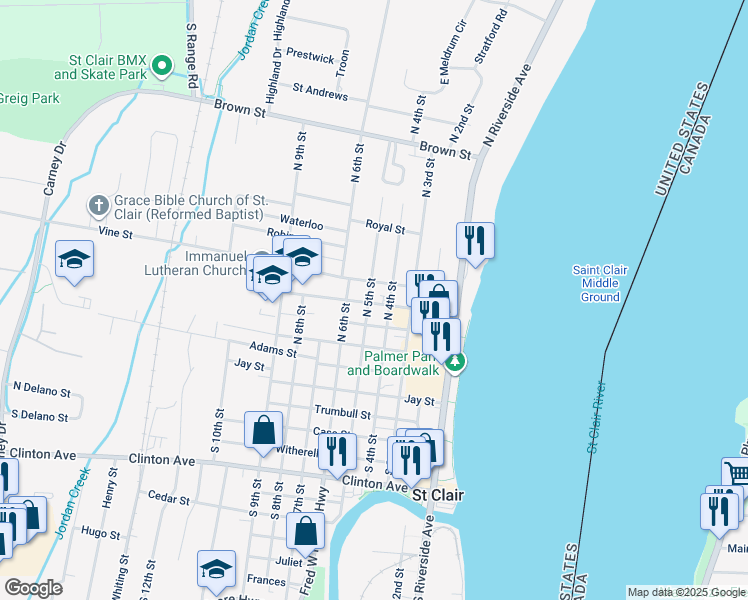 map of restaurants, bars, coffee shops, grocery stores, and more near 303 North 5th Street in Saint Clair