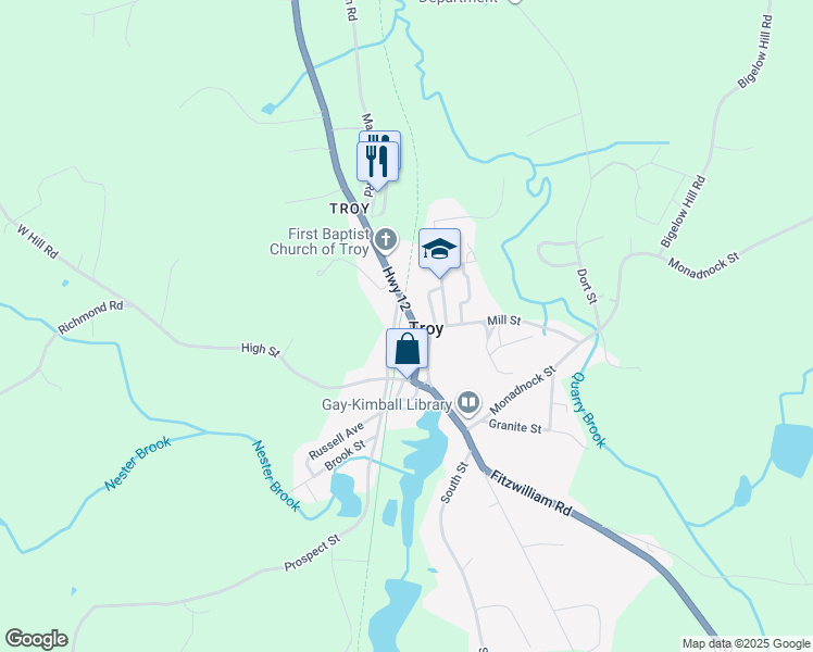 map of restaurants, bars, coffee shops, grocery stores, and more near 25 Prospect Street in Troy