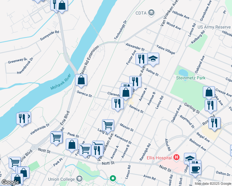 map of restaurants, bars, coffee shops, grocery stores, and more near 525 Seneca Street in Schenectady