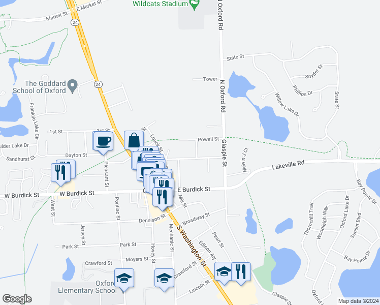 map of restaurants, bars, coffee shops, grocery stores, and more near 94 East Street in Oakland County