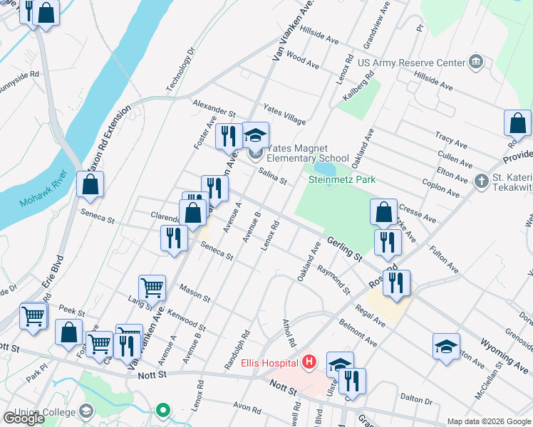 map of restaurants, bars, coffee shops, grocery stores, and more near 1913 Lenox Road in Schenectady