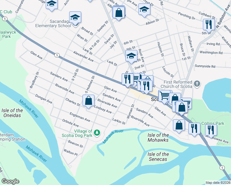 map of restaurants, bars, coffee shops, grocery stores, and more near 317 Glen Avenue in Scotia