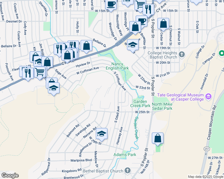 map of restaurants, bars, coffee shops, grocery stores, and more near 2316 South Odell Avenue in Casper