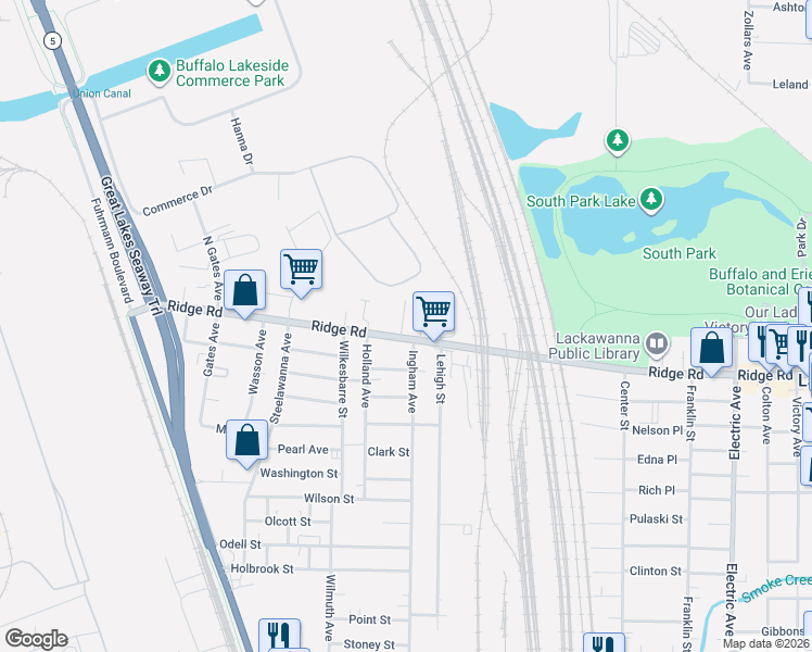 map of restaurants, bars, coffee shops, grocery stores, and more near 277 Ridge Road in Lackawanna