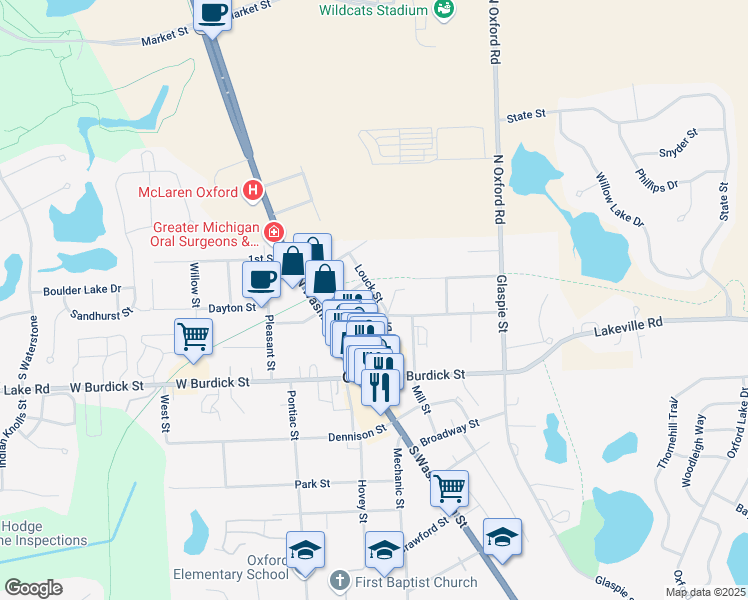 map of restaurants, bars, coffee shops, grocery stores, and more near 29 East Street in Oakland County