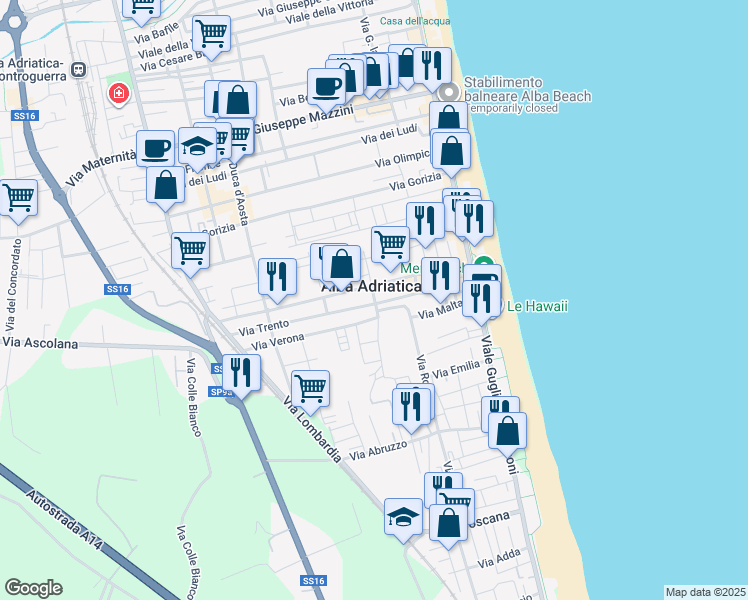 map of restaurants, bars, coffee shops, grocery stores, and more near 11 Via Legnano in Alba Adriatica