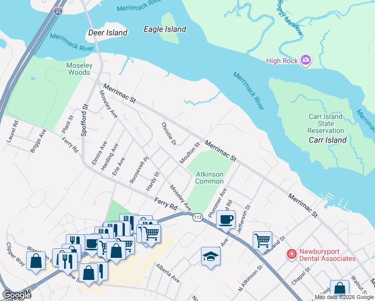 map of restaurants, bars, coffee shops, grocery stores, and more near 21 Moulton Street in Newburyport