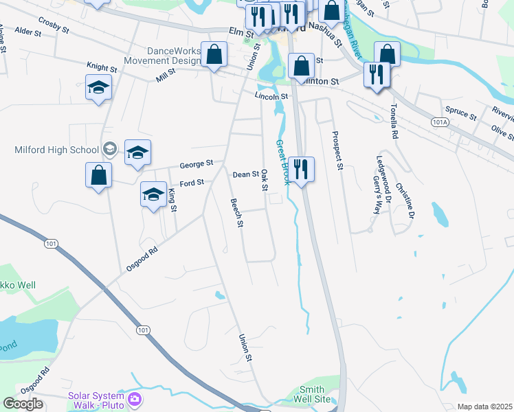 map of restaurants, bars, coffee shops, grocery stores, and more near 3 Smith Street in Milford