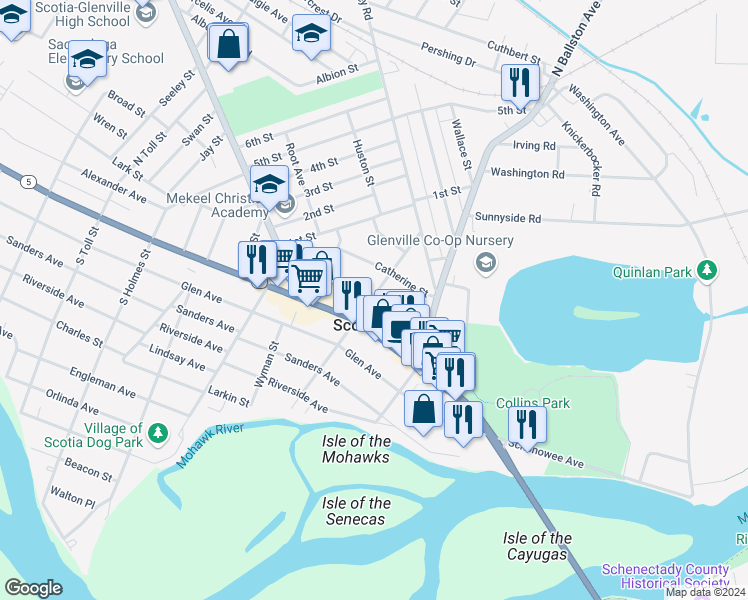 map of restaurants, bars, coffee shops, grocery stores, and more near 6 North Ten Broeck Street in Scotia