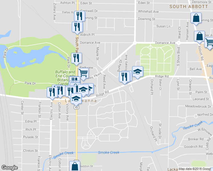 map of restaurants, bars, coffee shops, grocery stores, and more near 56 Reed Avenue in Buffalo