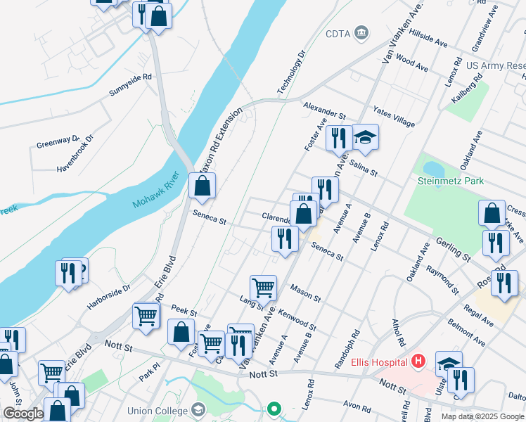 map of restaurants, bars, coffee shops, grocery stores, and more near 431 Manhattan Street in Schenectady