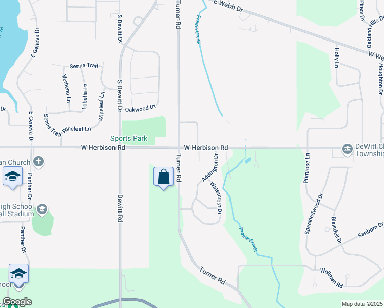 map of restaurants, bars, coffee shops, grocery stores, and more near 301 East Herbison Drive in DeWitt