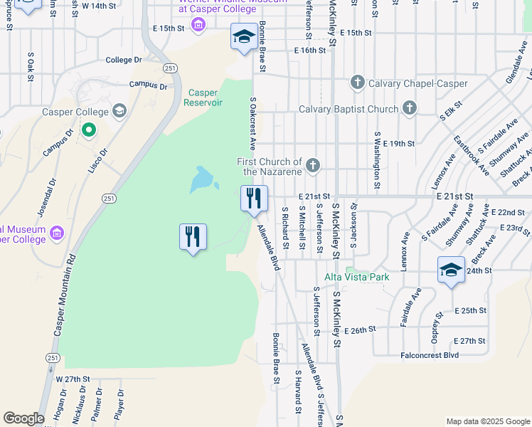 map of restaurants, bars, coffee shops, grocery stores, and more near 2150 Frances Street in Casper