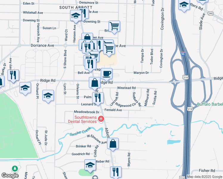 map of restaurants, bars, coffee shops, grocery stores, and more near 203 Ridgewood Circle in Lackawanna