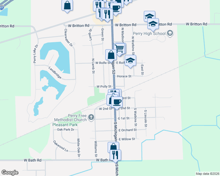 map of restaurants, bars, coffee shops, grocery stores, and more near 338 Green in Perry