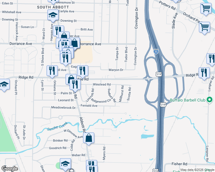map of restaurants, bars, coffee shops, grocery stores, and more near 2 Community Drive in Buffalo