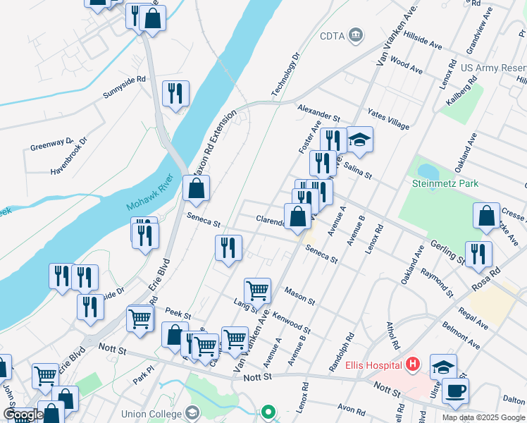 map of restaurants, bars, coffee shops, grocery stores, and more near 1909 Foster Avenue in Schenectady