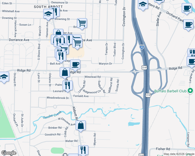 map of restaurants, bars, coffee shops, grocery stores, and more near 2 Community Drive in Buffalo