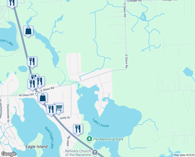 map of restaurants, bars, coffee shops, grocery stores, and more near 439 East Glass Road in Brandon Township