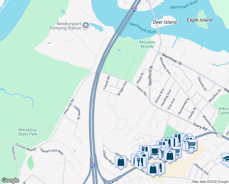 map of restaurants, bars, coffee shops, grocery stores, and more near 4 Azalea Road in Newburyport
