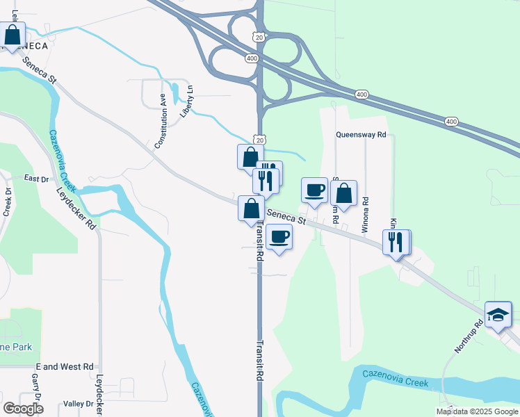 map of restaurants, bars, coffee shops, grocery stores, and more near Transit Road & Seneca Street in Buffalo