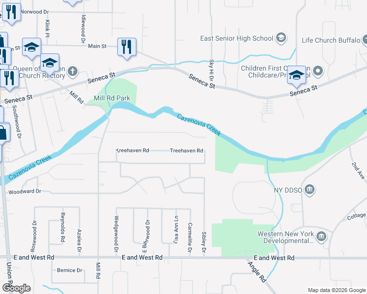 map of restaurants, bars, coffee shops, grocery stores, and more near 92 Treehaven Road in Buffalo