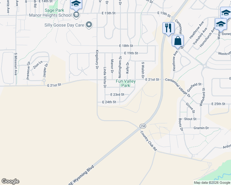 map of restaurants, bars, coffee shops, grocery stores, and more near 3532 East 22nd Street in Casper