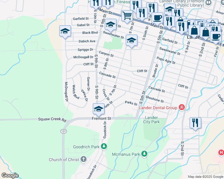 map of restaurants, bars, coffee shops, grocery stores, and more near 708 Shoshone St in Lander
