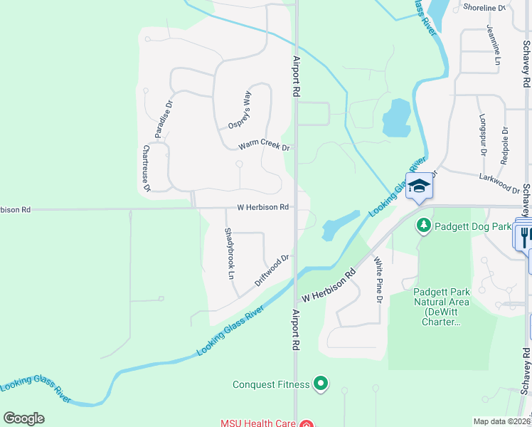 map of restaurants, bars, coffee shops, grocery stores, and more near 4143 Presidents Way in DeWitt