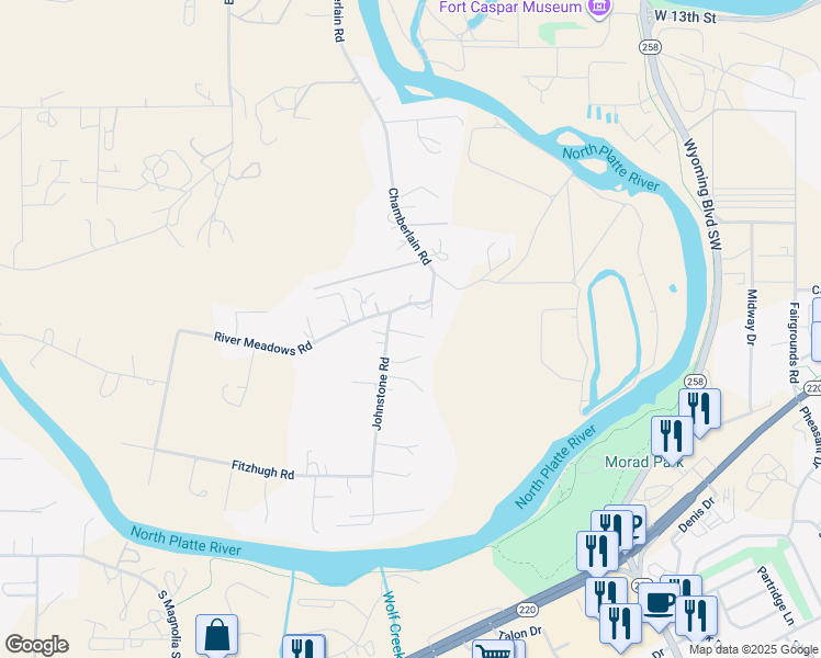 map of restaurants, bars, coffee shops, grocery stores, and more near 2055 River Meadows Road in Casper