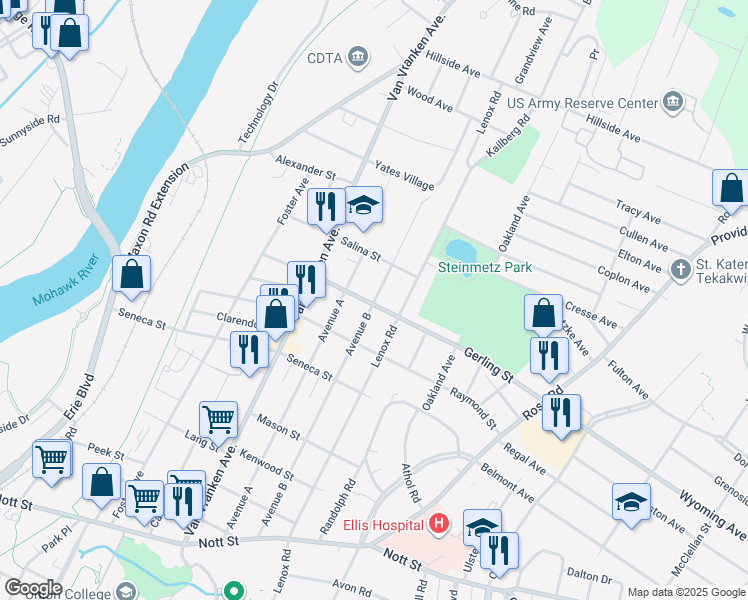 map of restaurants, bars, coffee shops, grocery stores, and more near 2019 Avenue B in Schenectady