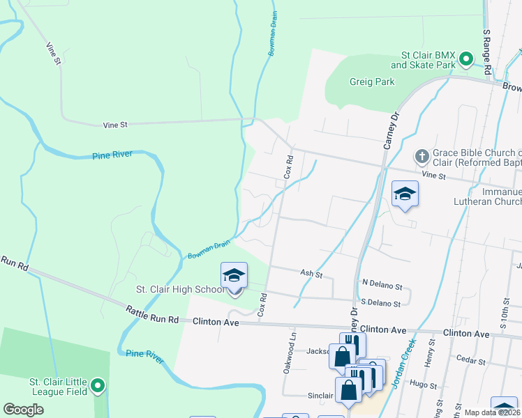 map of restaurants, bars, coffee shops, grocery stores, and more near 2062 North Rober Boulevard in Saint Clair