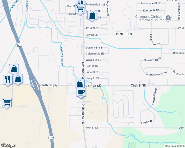 map of restaurants, bars, coffee shops, grocery stores, and more near 54 Lurie Street Southeast in Grand Rapids