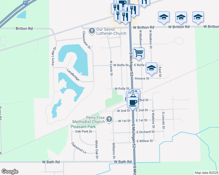 map of restaurants, bars, coffee shops, grocery stores, and more near 318 West Polly Street in Perry