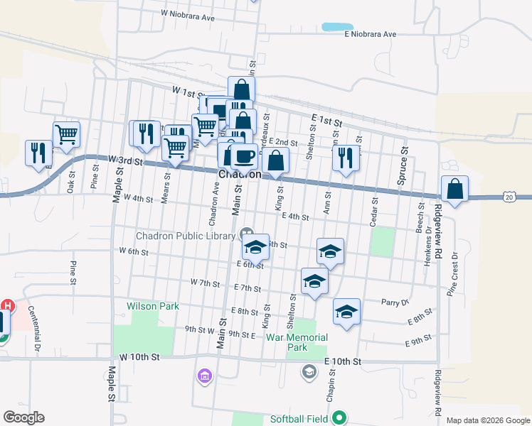 map of restaurants, bars, coffee shops, grocery stores, and more near 244 East 4th Street in Chadron
