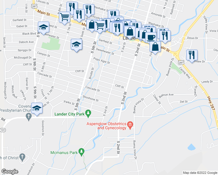 map of restaurants, bars, coffee shops, grocery stores, and more near 635 S 3rd St in Lander