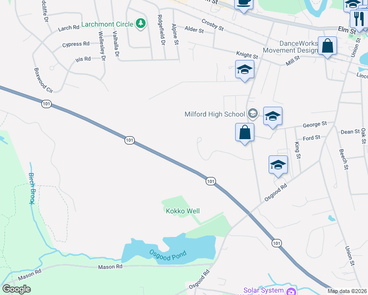map of restaurants, bars, coffee shops, grocery stores, and more near 68 West Meadow Court in Milford