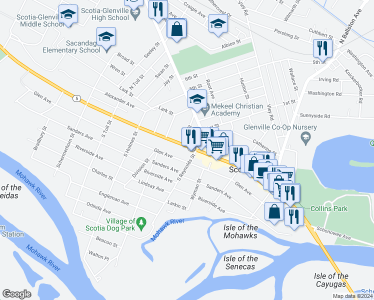 map of restaurants, bars, coffee shops, grocery stores, and more near 317 Mohawk Avenue in Scotia