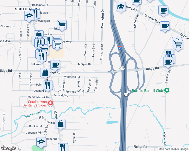 map of restaurants, bars, coffee shops, grocery stores, and more near 60 Winstead Road in West Seneca