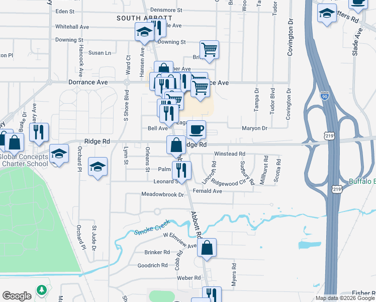 map of restaurants, bars, coffee shops, grocery stores, and more near 1350 Abbott Road in Buffalo