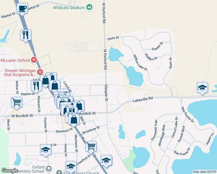 map of restaurants, bars, coffee shops, grocery stores, and more near 55 North Glaspie Street in Oxford