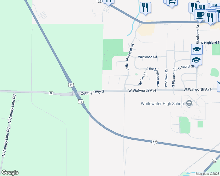 map of restaurants, bars, coffee shops, grocery stores, and more near 405 Eagle Court in Whitewater