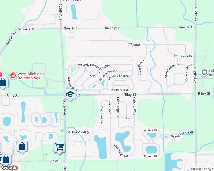 map of restaurants, bars, coffee shops, grocery stores, and more near Waverly Shores in Ottawa County