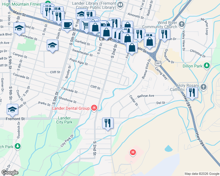 map of restaurants, bars, coffee shops, grocery stores, and more near 538 South 2nd Street in Lander