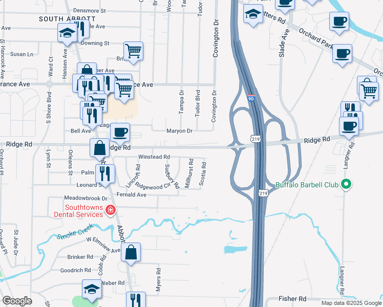 map of restaurants, bars, coffee shops, grocery stores, and more near 60 Winstead Road in Lackawanna
